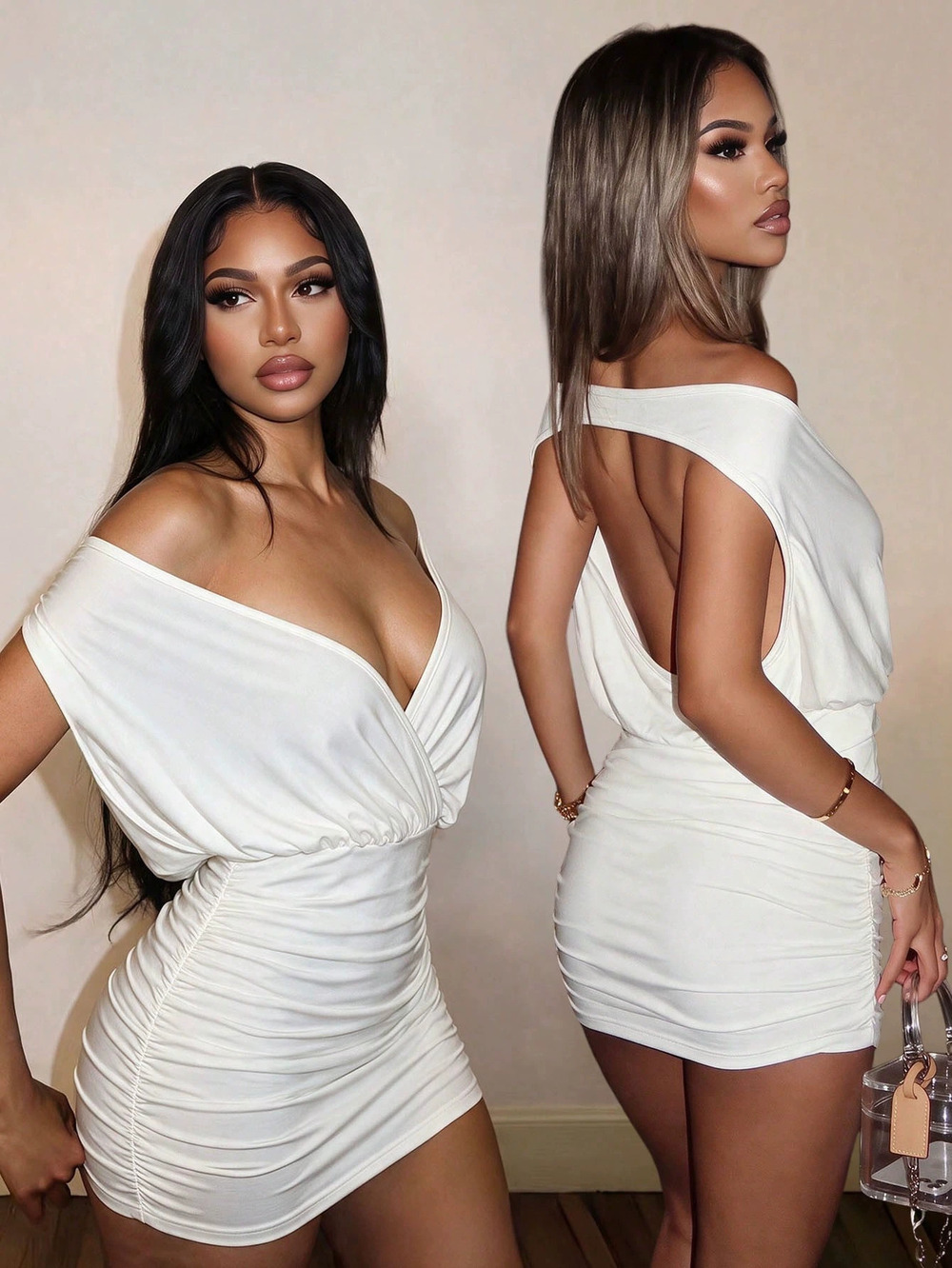 ZARA Sexy Solid Color Off Shoulder Deep V Neck Bustier Open Back Mini Dress